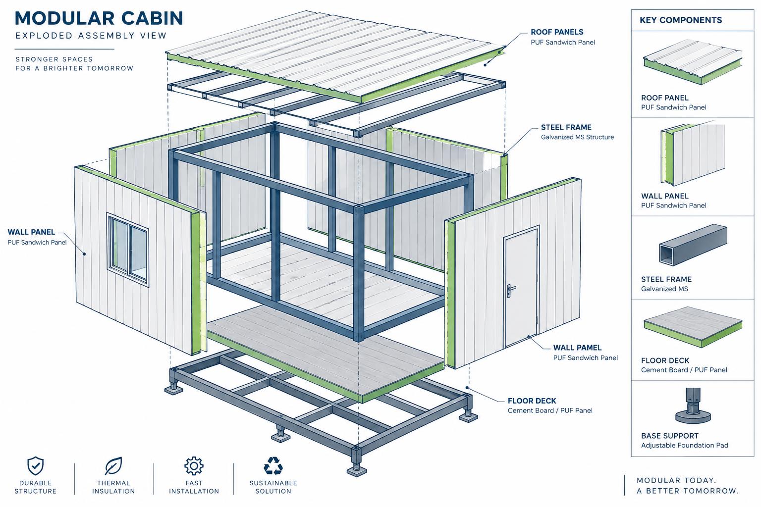 Exploded technical illustration of a modular unit showing frame, insulated panels and roof layers