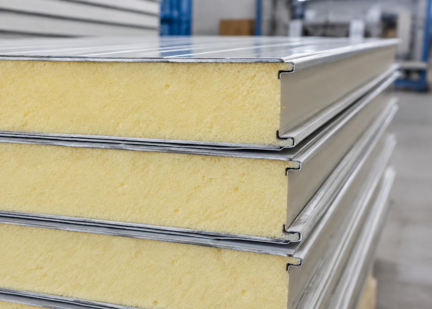 Stacked PUF sandwich panels showing rigid foam core between metal skins